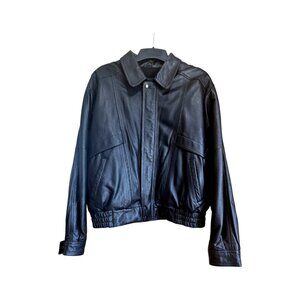 Arsco Black Faux Leather Bomber Jacket Men’s Medium Zip Front Elastic Waist 90s